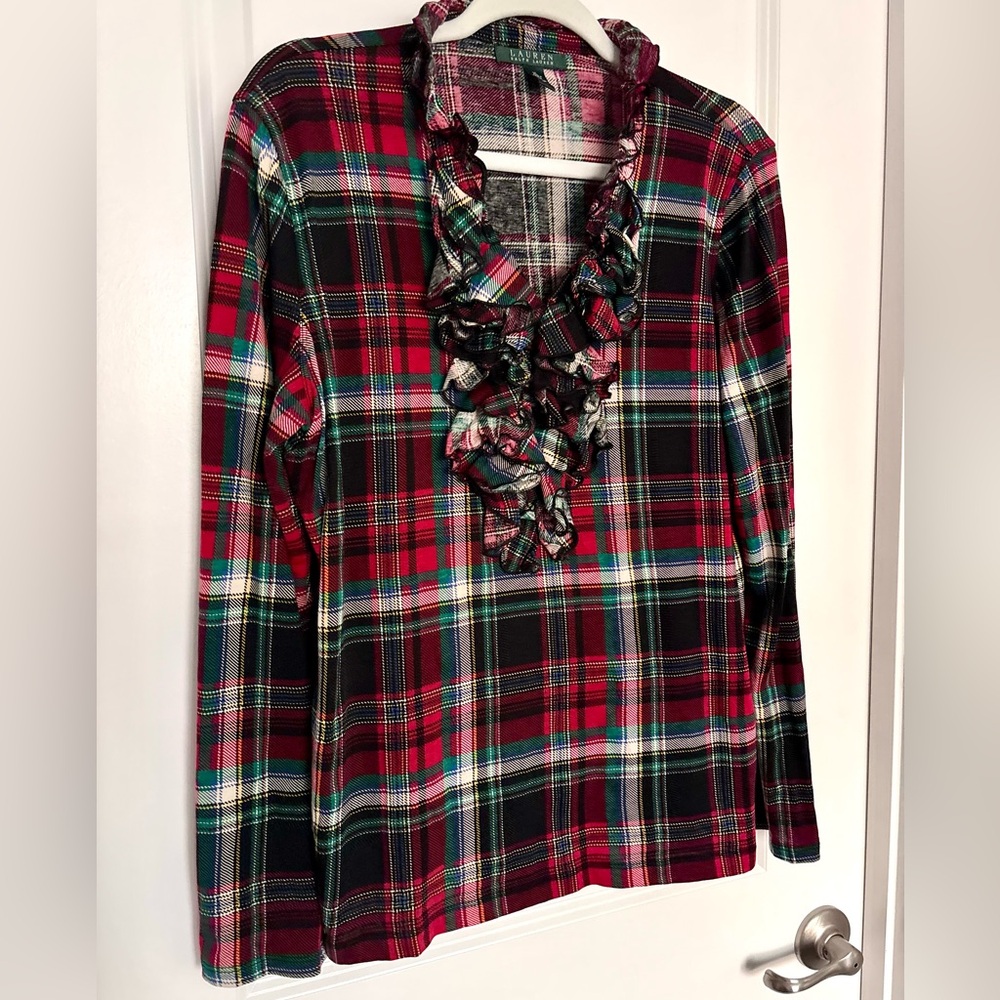 Ralph Lauren 100% Cotton Plaid Ruffle Shirt XL Fall Holiday Quiet Luxury